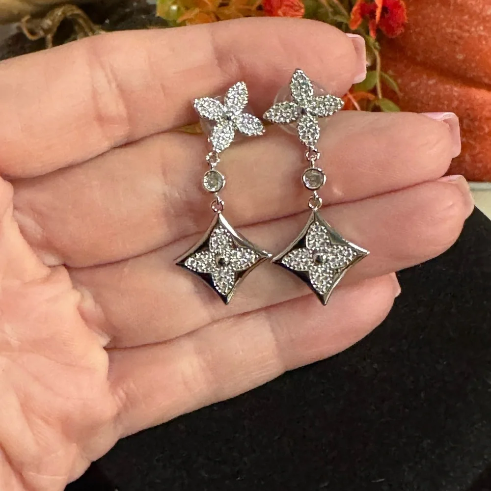 ❤️ Silver‎ Fleur LV Dangle Stainless Steel Earrings